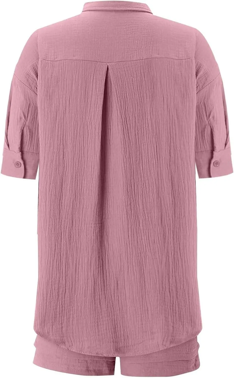 2 Piece Linen Sets for Women Casual Long Sleeve Button Down Shirt Suts Summer Outfits Loose Shorts Set