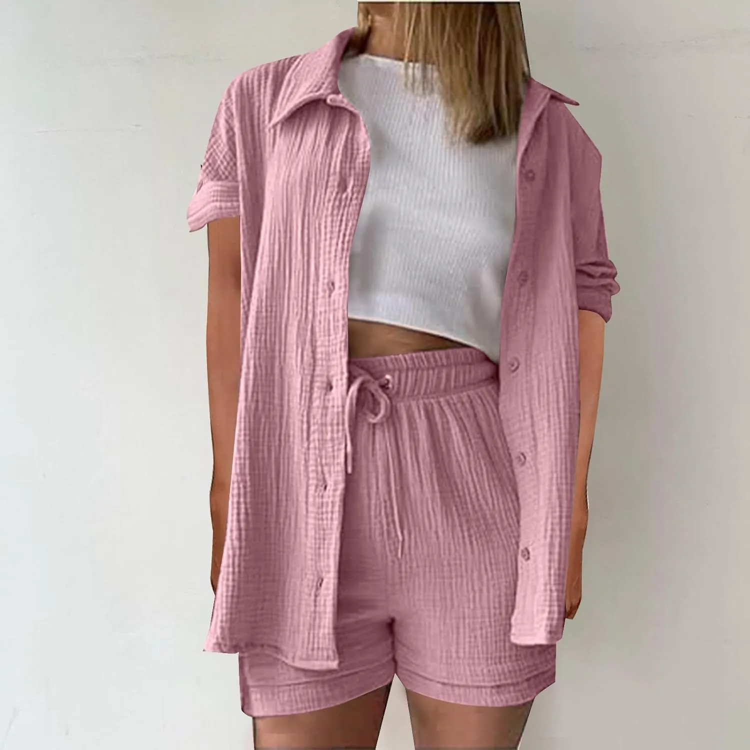 2 Piece Linen Sets for Women Casual Long Sleeve Button Down Shirt Suts Summer Outfits Loose Shorts Set