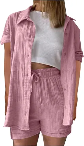 2 Piece Linen Sets for Women Casual Long Sleeve Button Down Shirt Suts Summer Outfits Loose Shorts Set