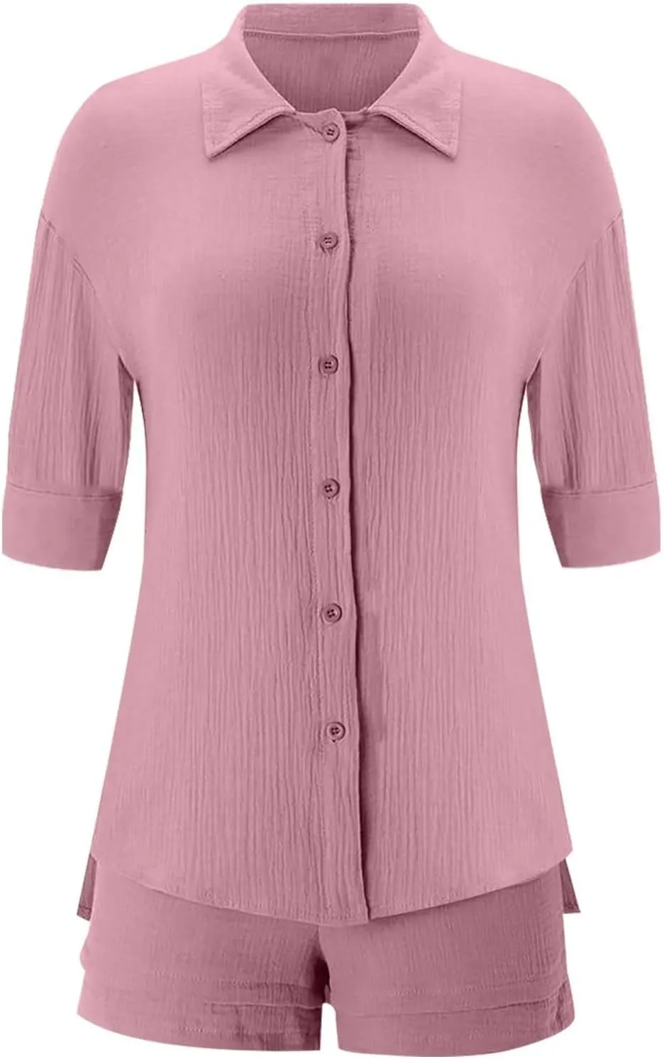 2 Piece Linen Sets for Women Casual Long Sleeve Button Down Shirt Suts Summer Outfits Loose Shorts Set