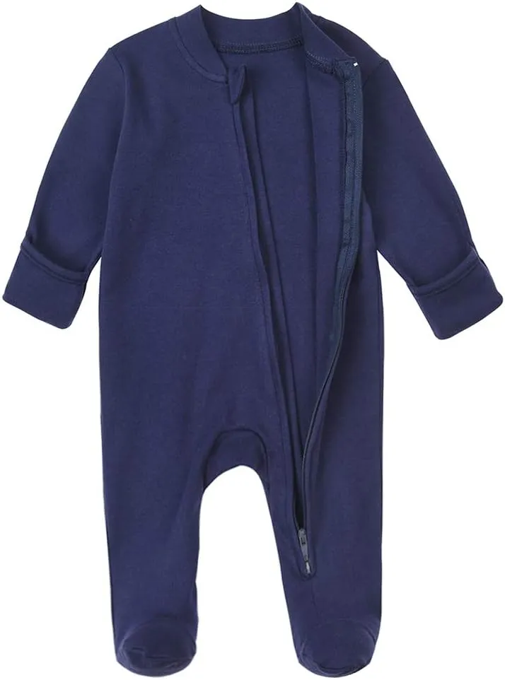 Aablexema Baby Footed Pajamas with Mitten Cuffs - Unisex Newborn Infant 2 Ways Zipper Cotton Footie Pjs