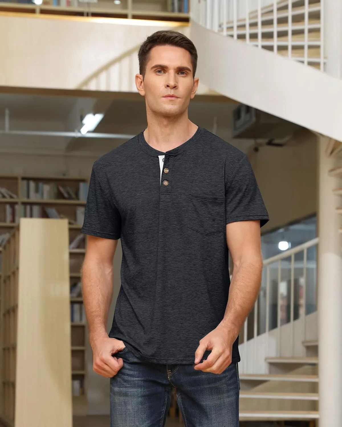 Angbater Men's Henley Shirts Casual Short Sleeve Button Cotton Tee Fashion Classic Tee T-Shirt with Pocket