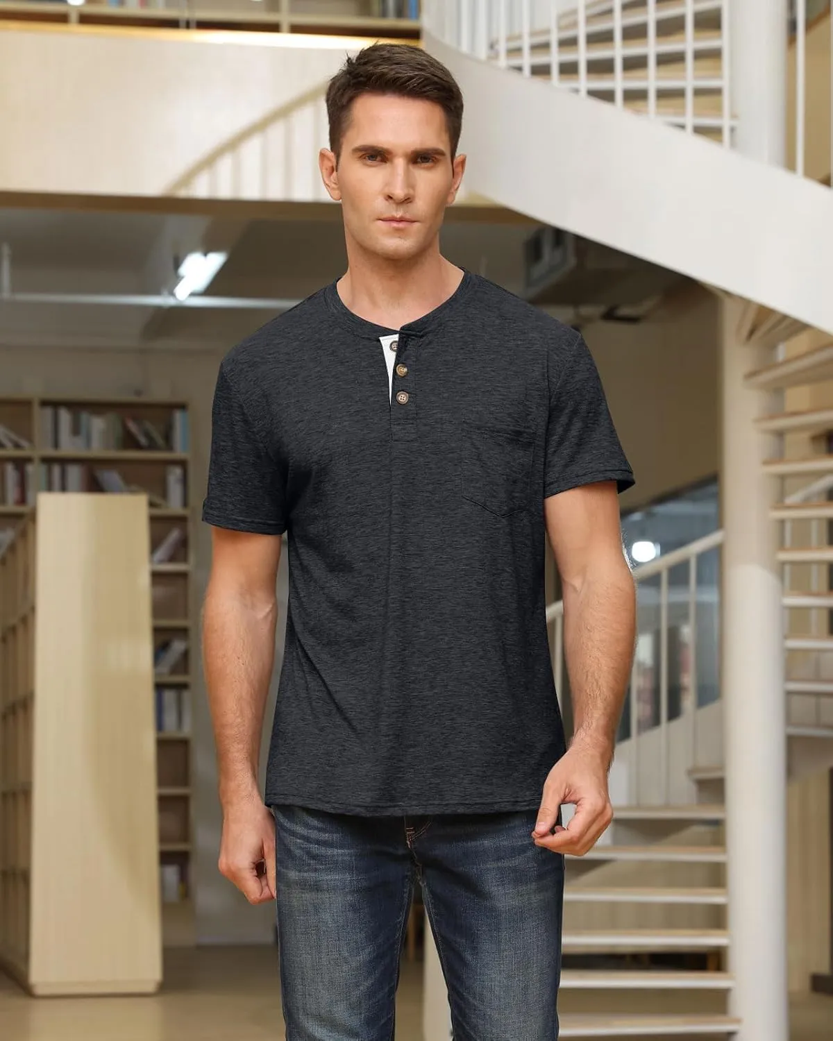 Angbater Men's Henley Shirts Casual Short Sleeve Button Cotton Tee Fashion Classic Tee T-Shirt with Pocket