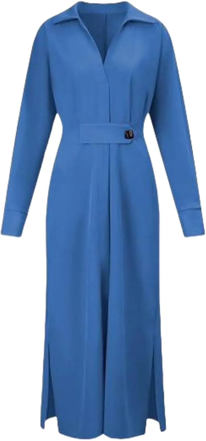 Button Down Shirt Dress for Women Cotton Linen Solid Casual V-Neck Long Sleeve Maxi Dresses with Pockets