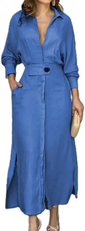 Button Down Shirt Dress for Women Cotton Linen Solid Casual V-Neck Long Sleeve Maxi Dresses with Pockets