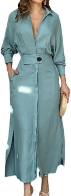 Button Down Shirt Dress for Women Cotton Linen Solid Casual V-Neck Long Sleeve Maxi Dresses with Pockets