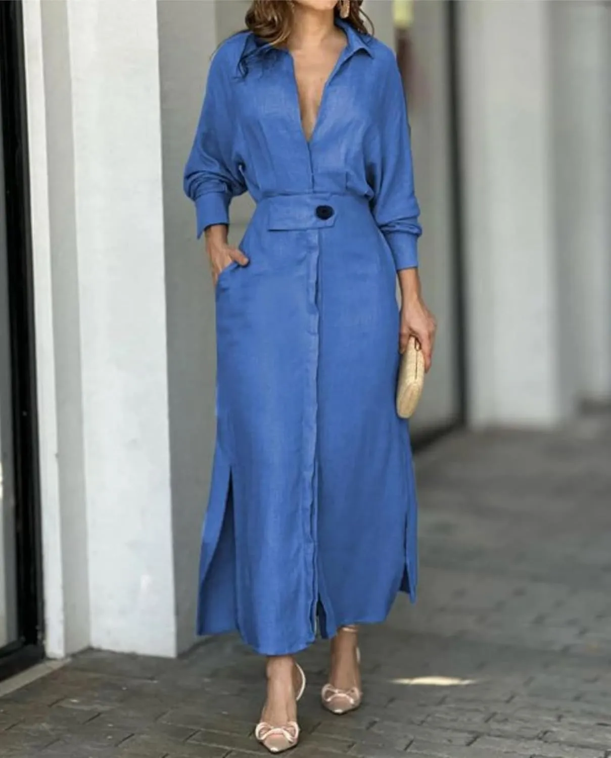 Button Down Shirt Dress for Women Cotton Linen Solid Casual V-Neck Long Sleeve Maxi Dresses with Pockets