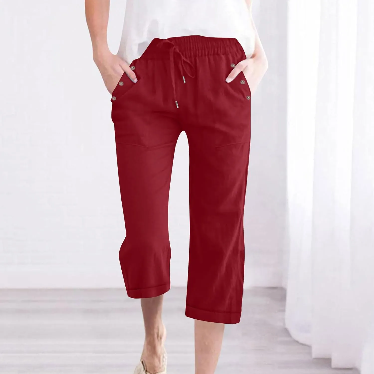 Capris Pants for Women Cotton Linen Lounge Summer 2025 Straight Wide Leg Loose Lace-Up Stretchy Waist Cropped Trouser