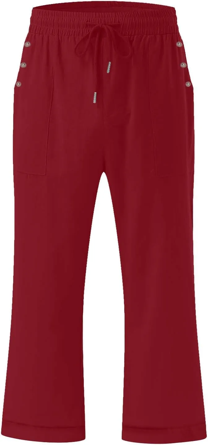 Capris Pants for Women Cotton Linen Lounge Summer 2025 Straight Wide Leg Loose Lace-Up Stretchy Waist Cropped Trouser