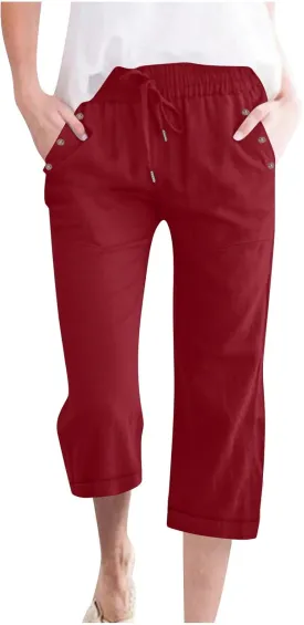 Capris Pants for Women Cotton Linen Lounge Summer 2025 Straight Wide Leg Loose Lace-Up Stretchy Waist Cropped Trouser