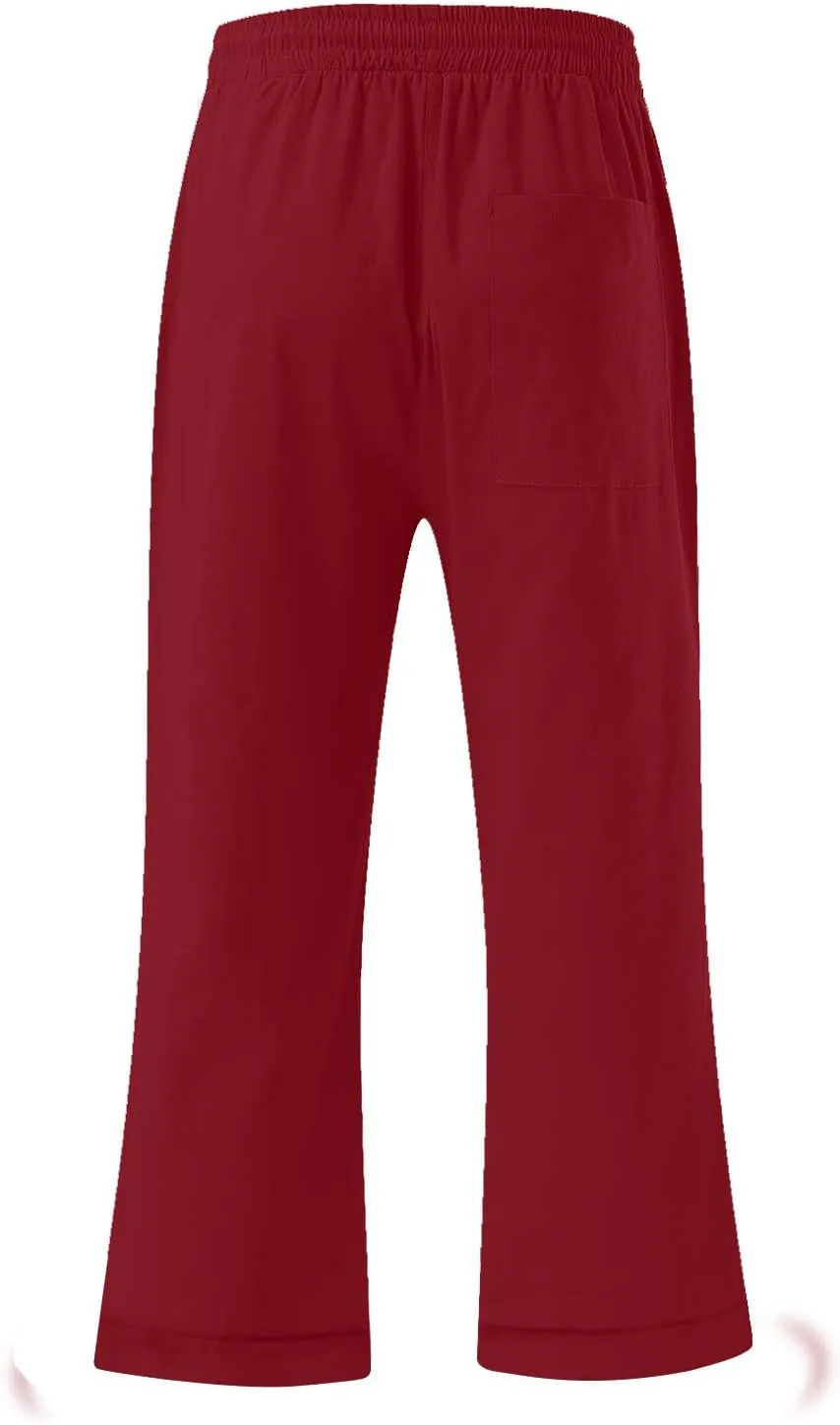 Capris Pants for Women Cotton Linen Lounge Summer 2025 Straight Wide Leg Loose Lace-Up Stretchy Waist Cropped Trouser