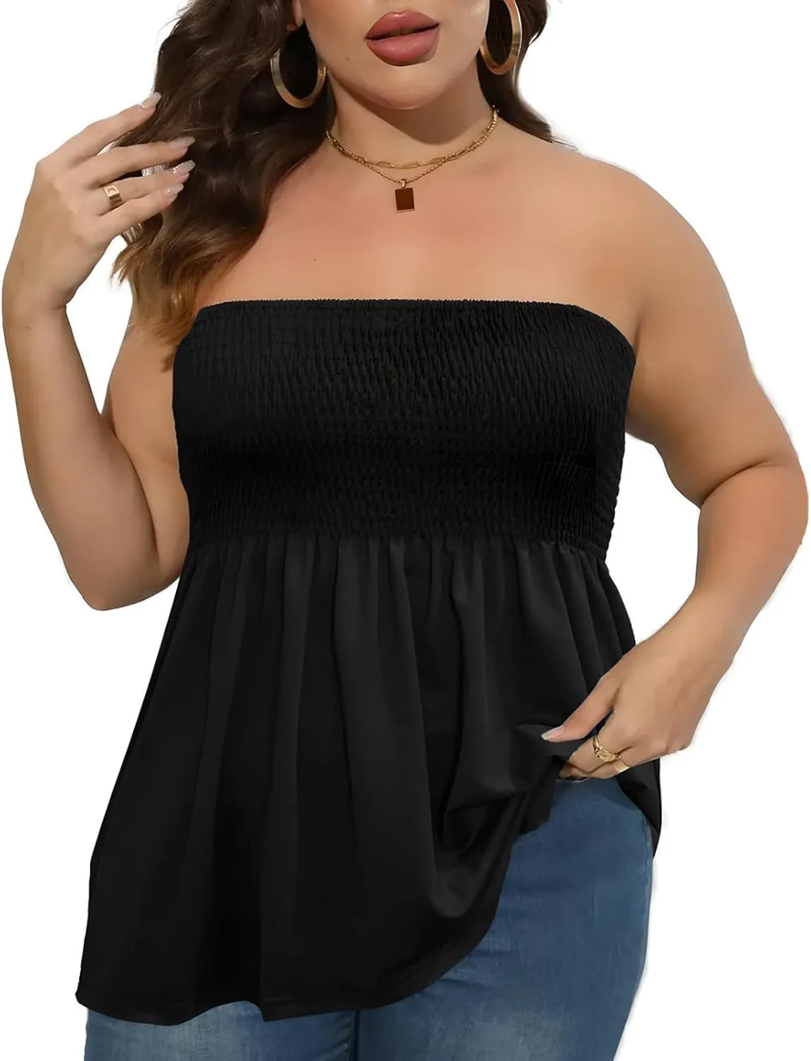 Comeon Plus Size Tube Top for Women Strapless Pleated Off The Shoulder Tops Sexy Summer Tunic Tank Top Soft Casual Cami