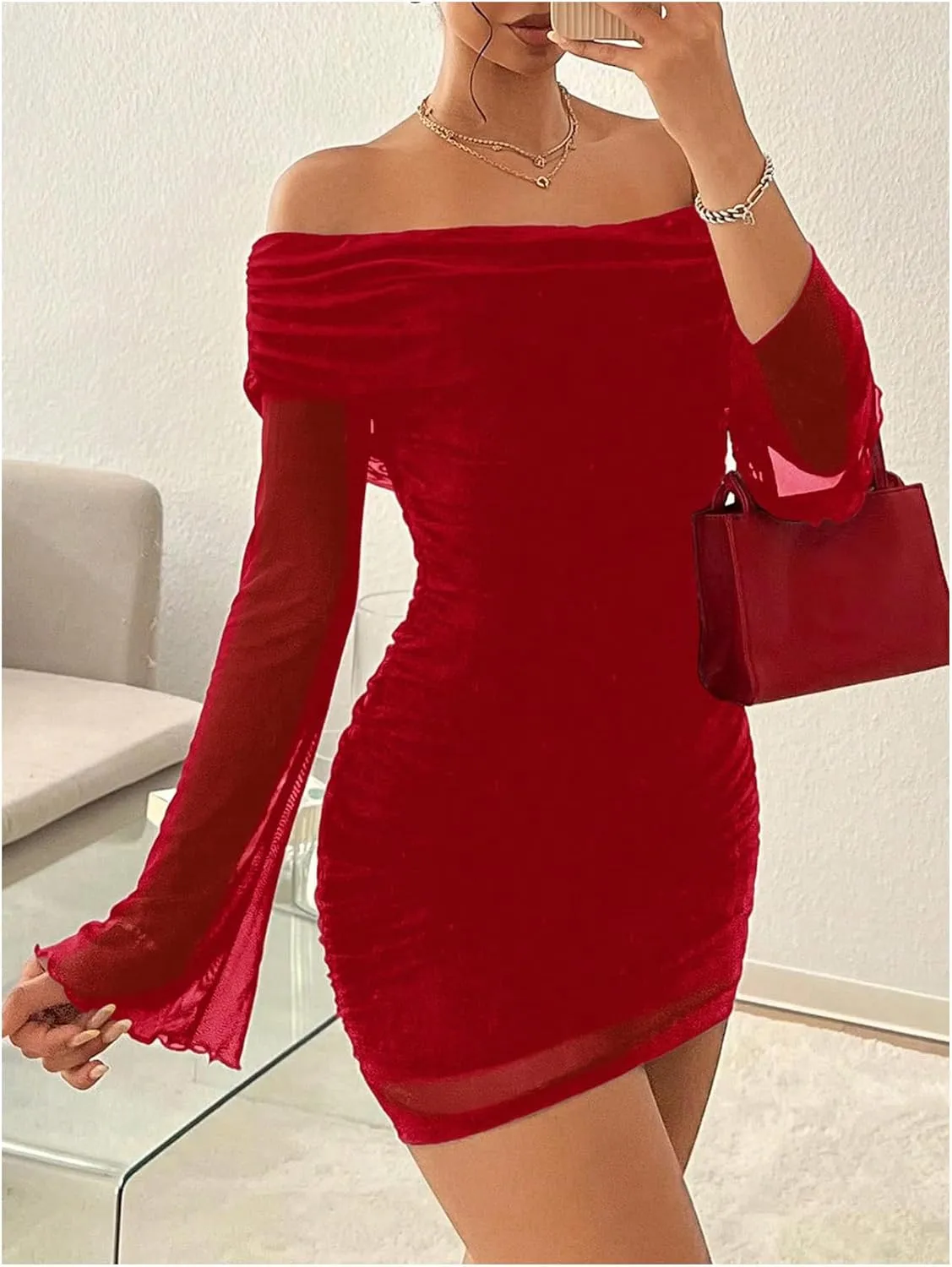 GORGLITTER Women's Off The Shoulder Ruched Mesh Dress Flare Long Sleeve Mini Bodycon Dresses