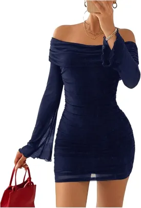 GORGLITTER Women's Off The Shoulder Ruched Mesh Dress Flare Long Sleeve Mini Bodycon Dresses