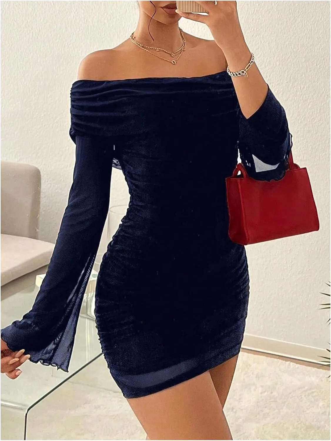 GORGLITTER Women's Off The Shoulder Ruched Mesh Dress Flare Long Sleeve Mini Bodycon Dresses