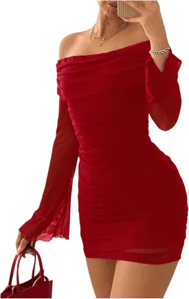 GORGLITTER Women's Off The Shoulder Ruched Mesh Dress Flare Long Sleeve Mini Bodycon Dresses