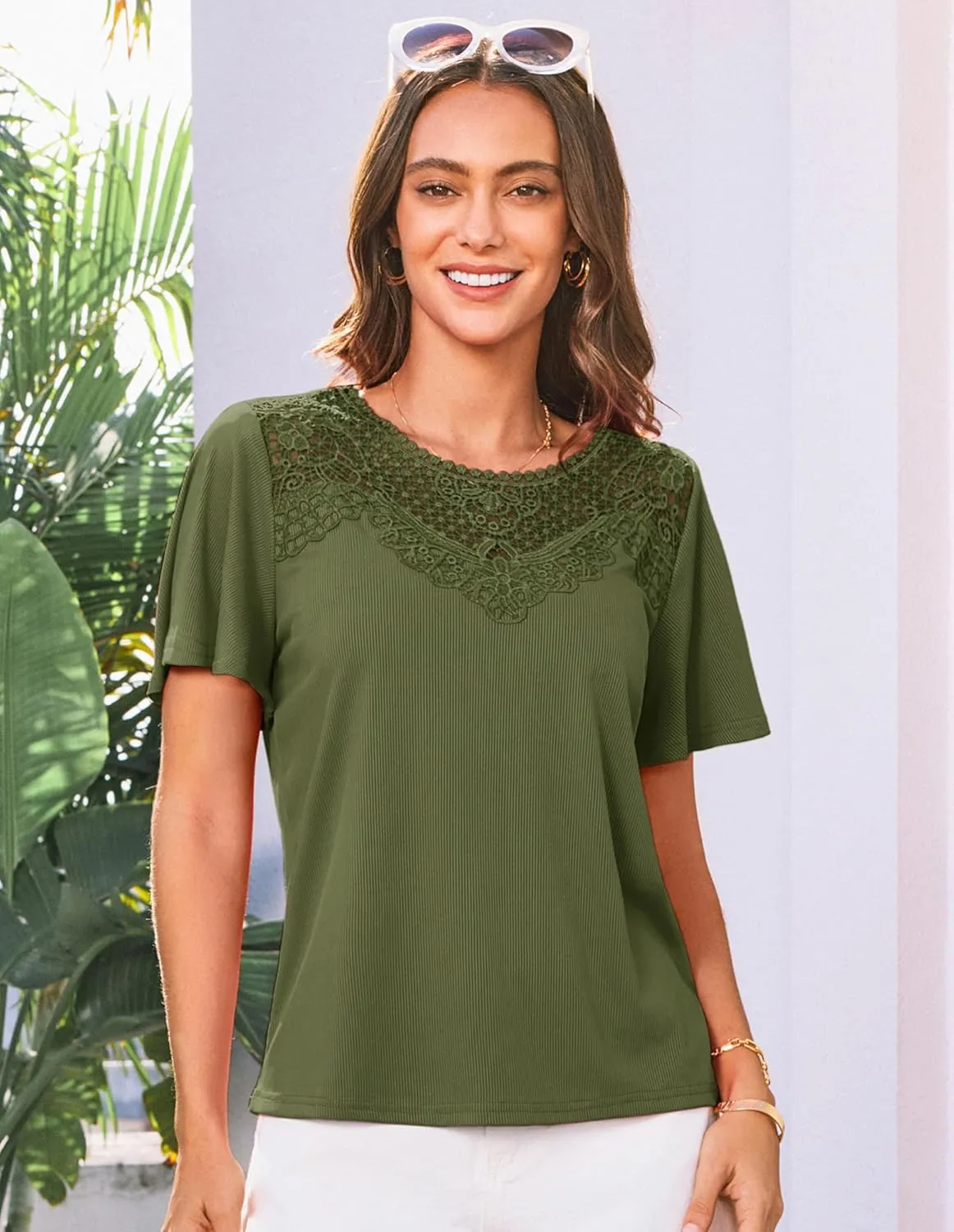 GRACE KARIN Womens Summer Tops Ruffle Sleeve 2025 Trendy Lace Floral Crew Neck Ribbed T Shirts Dressy Casual Blouses