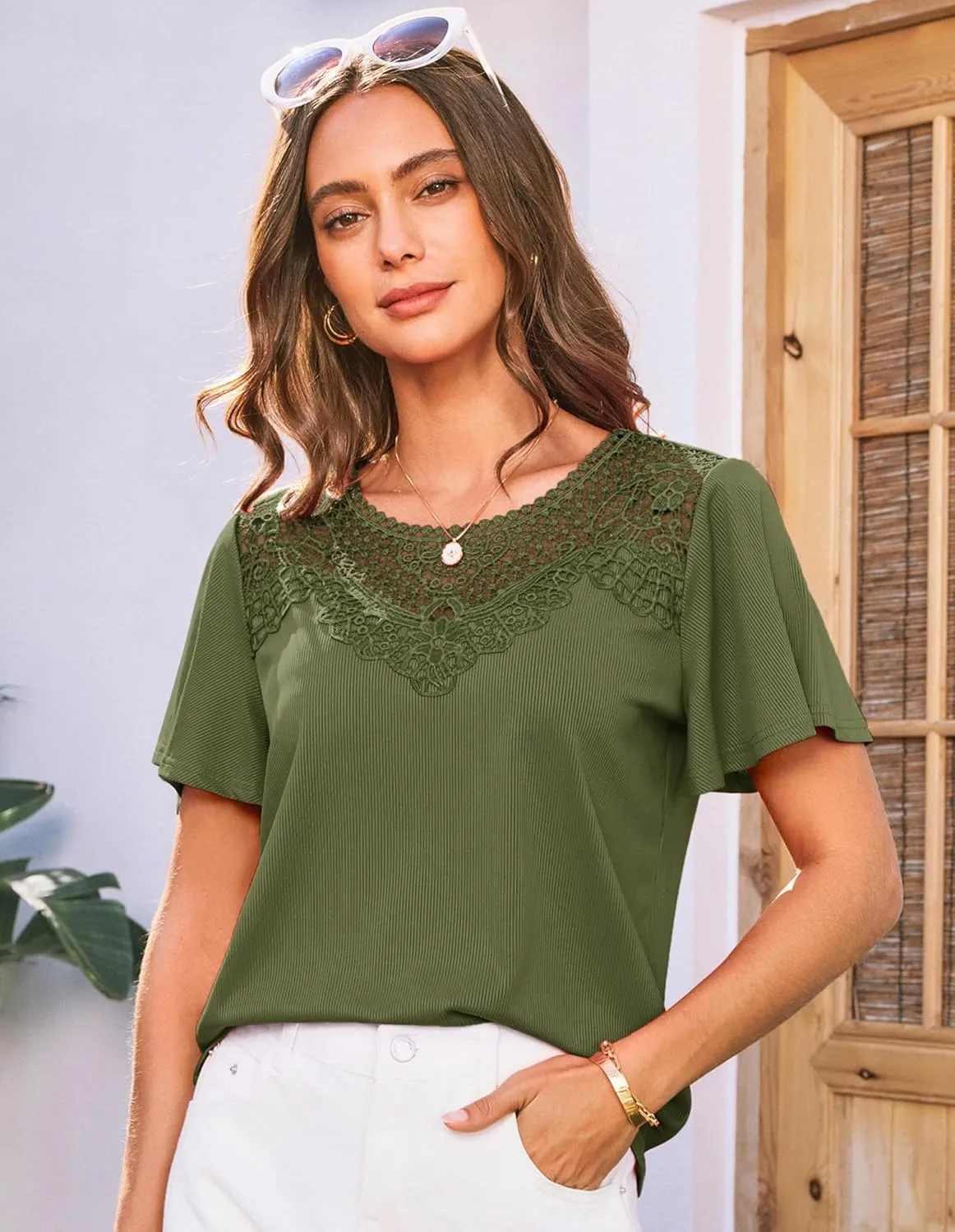 GRACE KARIN Womens Summer Tops Ruffle Sleeve 2025 Trendy Lace Floral Crew Neck Ribbed T Shirts Dressy Casual Blouses