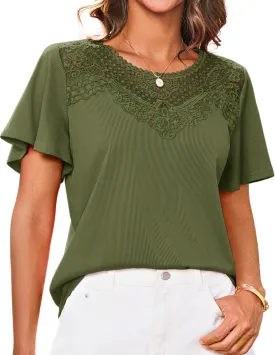 GRACE KARIN Womens Summer Tops Ruffle Sleeve 2025 Trendy Lace Floral Crew Neck Ribbed T Shirts Dressy Casual Blouses
