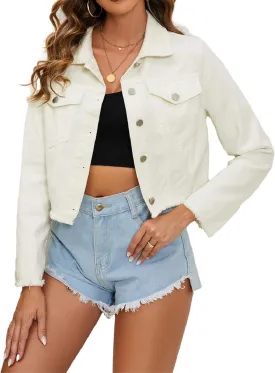 HALITOSS Women's Button Down Raw Hem Cropped Frayed Denim Jacket Jean Coat