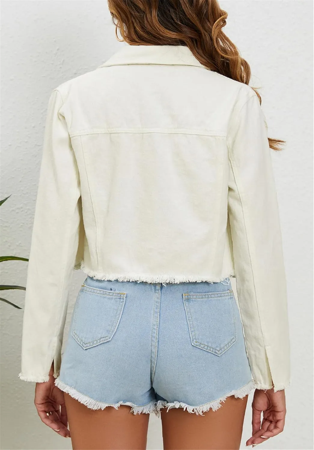 HALITOSS Women's Button Down Raw Hem Cropped Frayed Denim Jacket Jean Coat