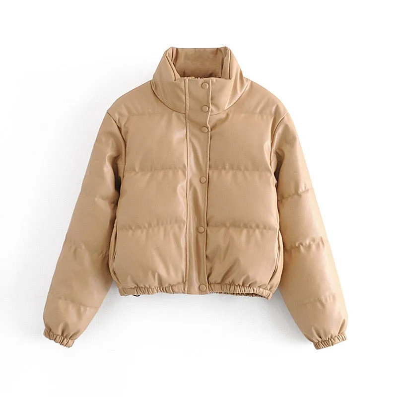 Hnzxzm Winter Thick Women Short Parkas Warm Fashion PU Leather Coats Black Cotton Padded Female Down Jacket Elegant Zipper Clothes