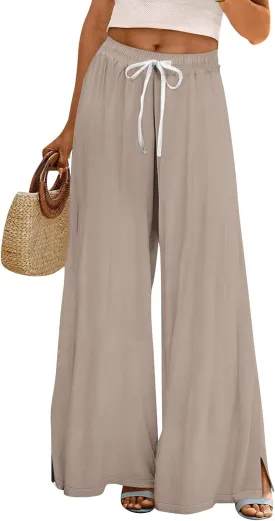 HXHYQKP Wide Leg Pants for Women Summer Beach Palazzo Pants High Elastic Waist Drawstring Trouser with Pockets