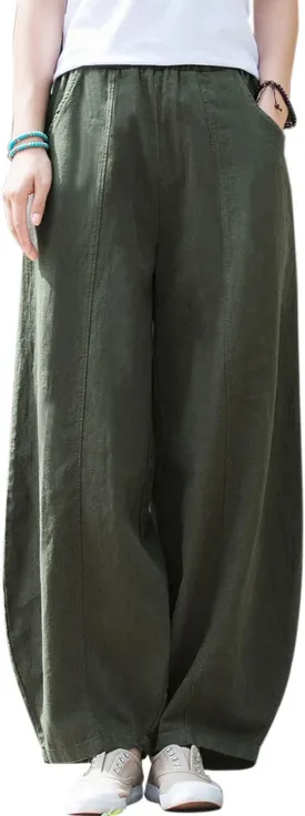 IXIMO Women's Casual Cotton Linen Baggy Pants with Elastic Waist Relax Fit Lantern Trouser