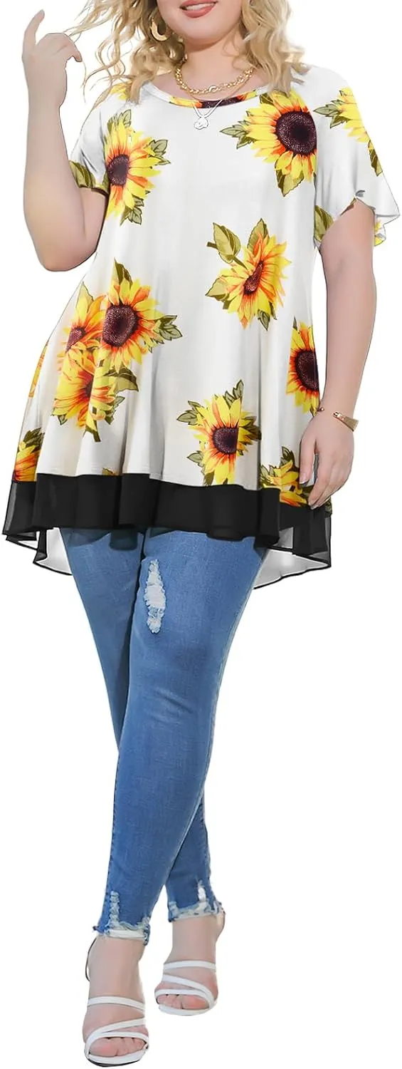 LARACE Plus Size Tunic Tops for Womens Summer Clothes Dressy Round Neck Short Sleeve Shirts Flowy Chiffon Blouses