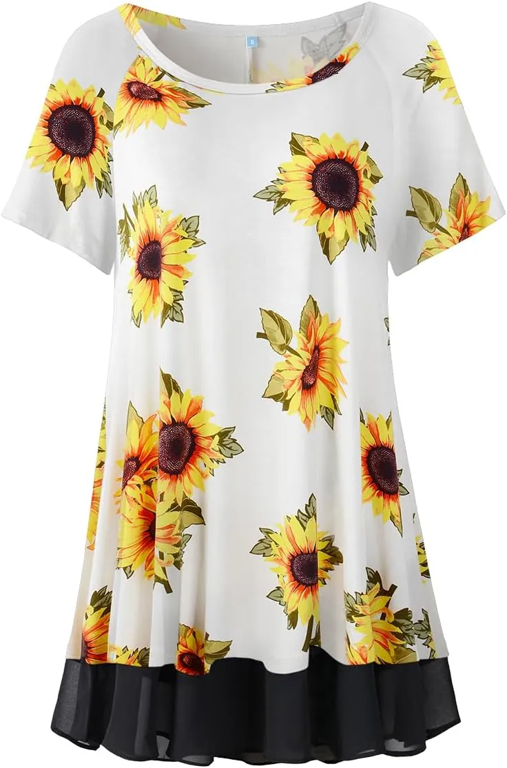 LARACE Plus Size Tunic Tops for Womens Summer Clothes Dressy Round Neck Short Sleeve Shirts Flowy Chiffon Blouses