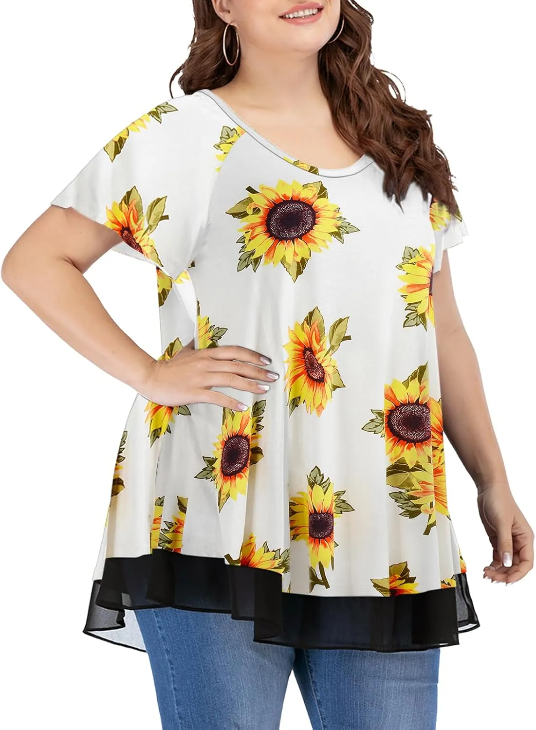 LARACE Plus Size Tunic Tops for Womens Summer Clothes Dressy Round Neck Short Sleeve Shirts Flowy Chiffon Blouses