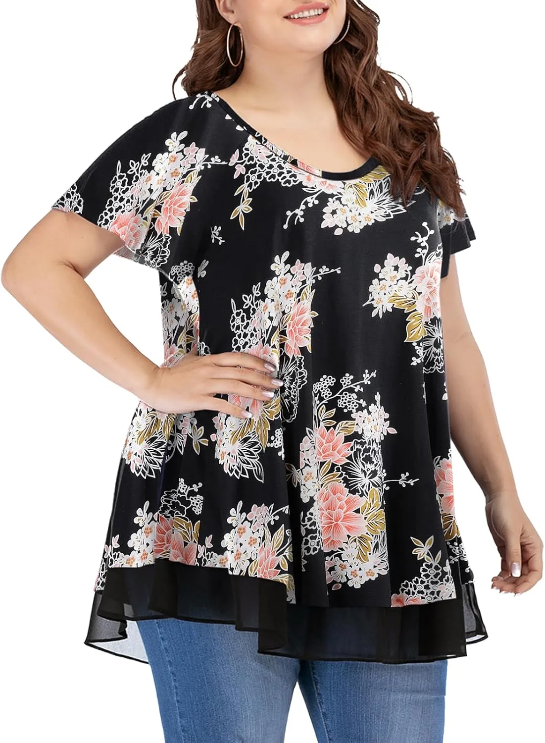 LARACE Plus Size Tunic Tops for Womens Summer Clothes Dressy Round Neck Short Sleeve Shirts Flowy Chiffon Blouses