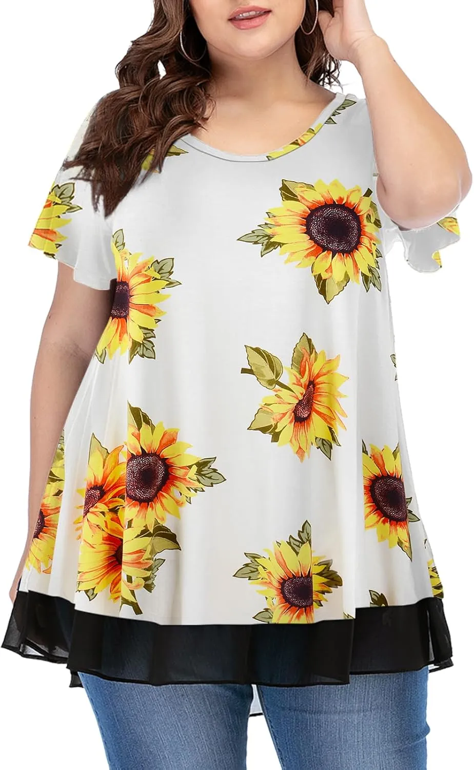 LARACE Plus Size Tunic Tops for Womens Summer Clothes Dressy Round Neck Short Sleeve Shirts Flowy Chiffon Blouses