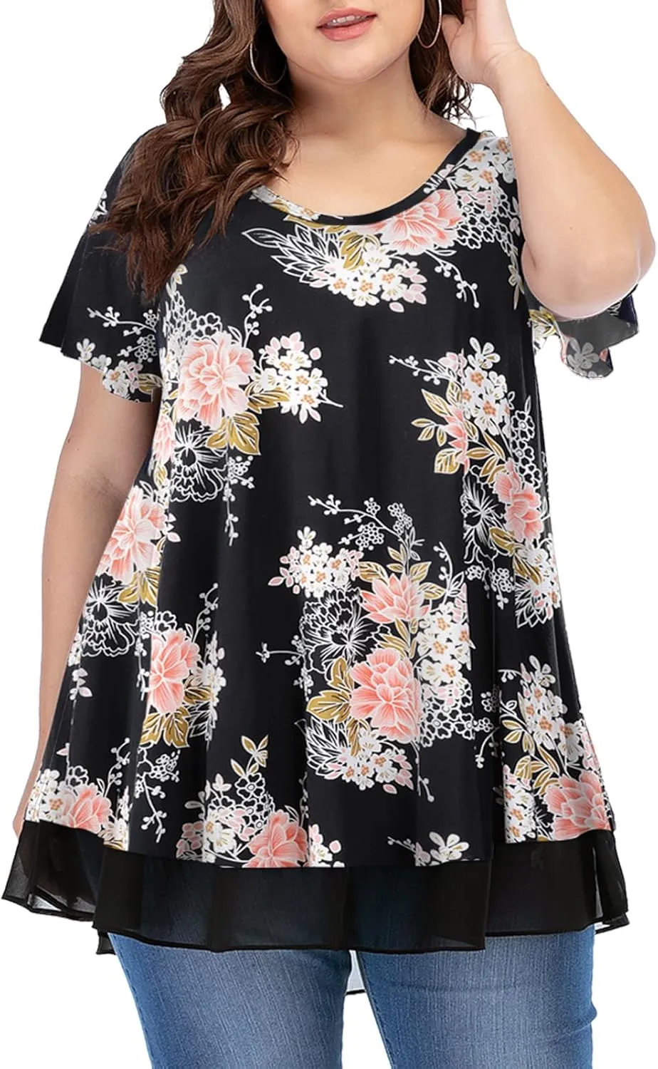 LARACE Plus Size Tunic Tops for Womens Summer Clothes Dressy Round Neck Short Sleeve Shirts Flowy Chiffon Blouses