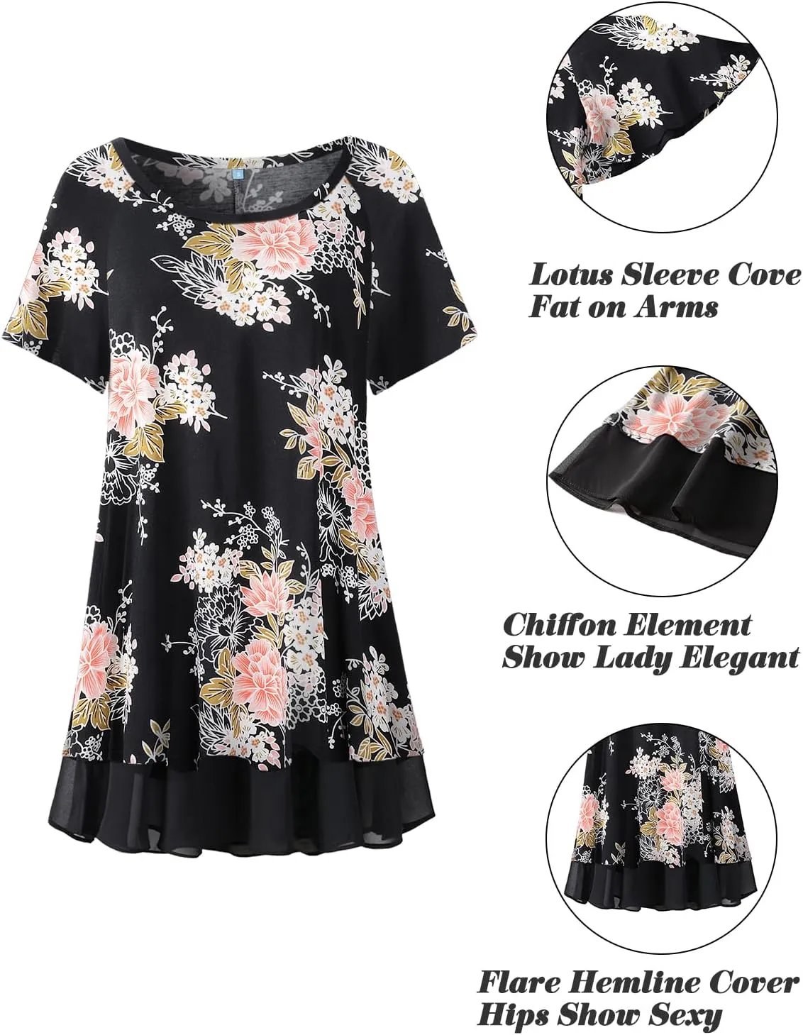 LARACE Plus Size Tunic Tops for Womens Summer Clothes Dressy Round Neck Short Sleeve Shirts Flowy Chiffon Blouses