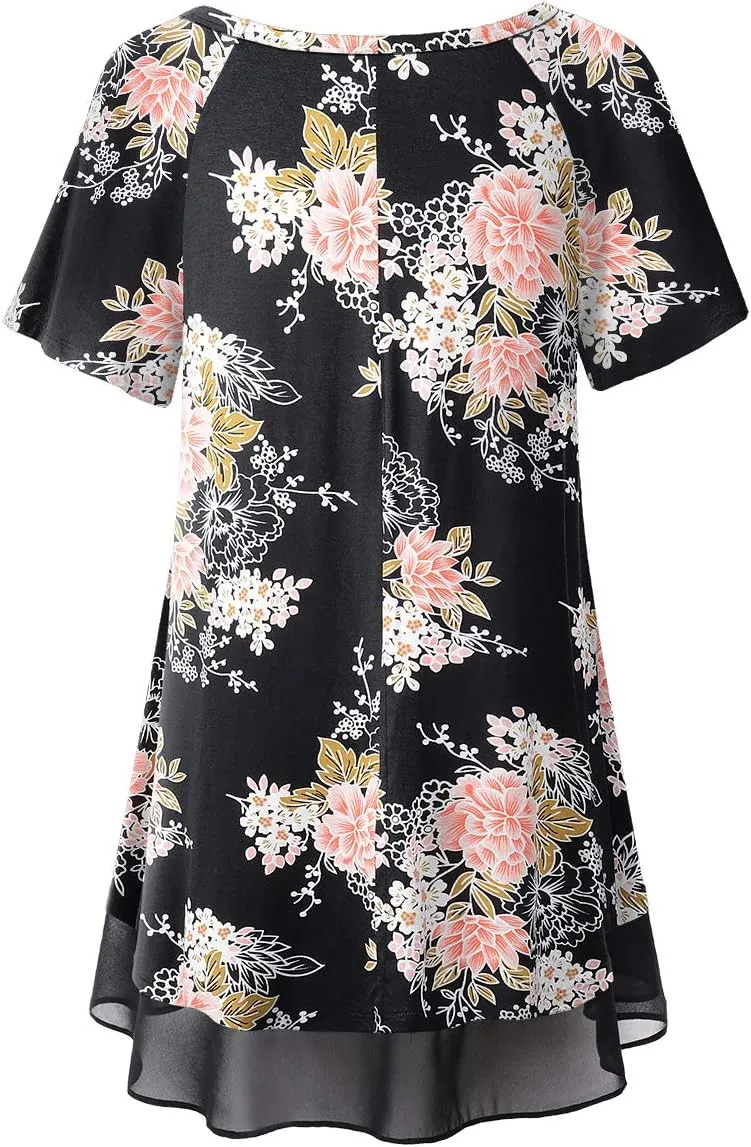 LARACE Plus Size Tunic Tops for Womens Summer Clothes Dressy Round Neck Short Sleeve Shirts Flowy Chiffon Blouses