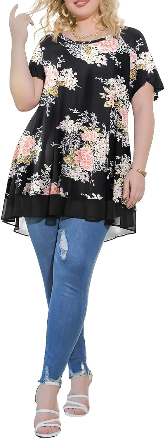 LARACE Plus Size Tunic Tops for Womens Summer Clothes Dressy Round Neck Short Sleeve Shirts Flowy Chiffon Blouses
