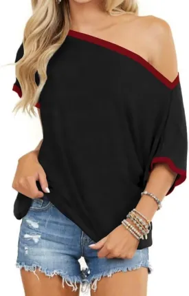 LEEDYA Off The Shoulder Tops for Women Summer Sexy Short Sleeve Color Block T-Shirts Casual Oversized Batwing Tunic Top