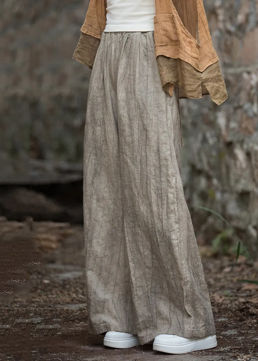 Light Camel Tie Dye Patchwork Elastic Waist Linen Wide Leg Pants ML2341