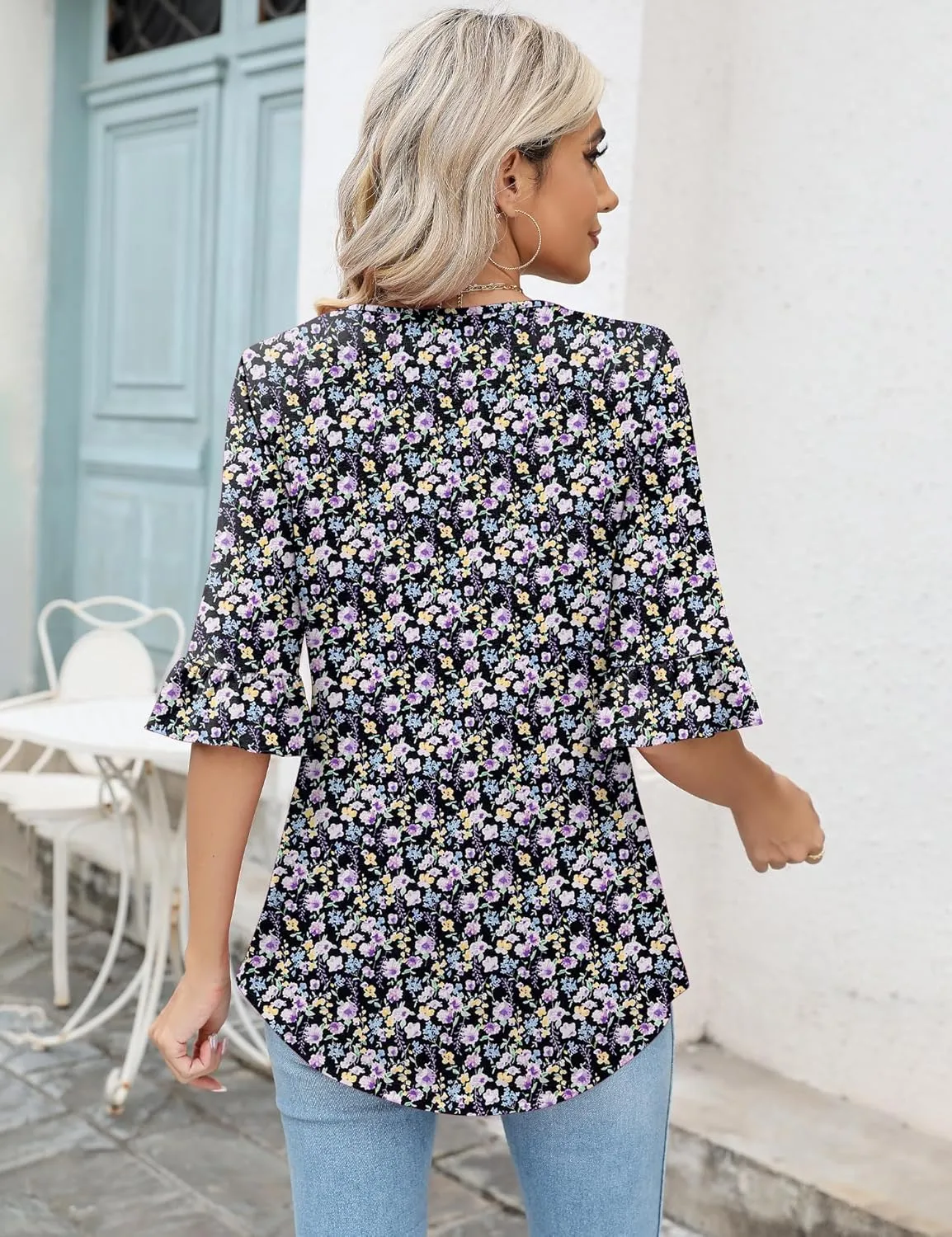 LOMON 3/4 Sleeve Tops for Women Summer Dressy Casual V Neck Shirts Ruffle Sleeve Loose Blouses