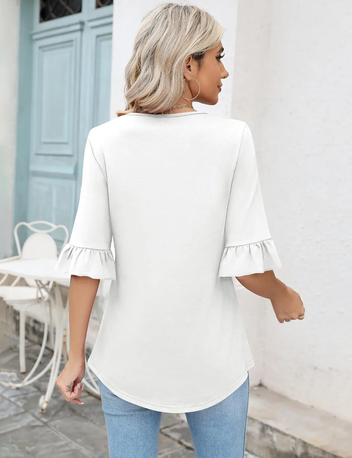 LOMON 3/4 Sleeve Tops for Women Summer Dressy Casual V Neck Shirts Ruffle Sleeve Loose Blouses