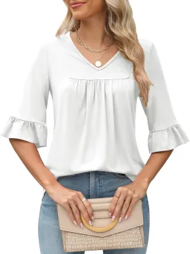 LOMON 3/4 Sleeve Tops for Women Summer Dressy Casual V Neck Shirts Ruffle Sleeve Loose Blouses
