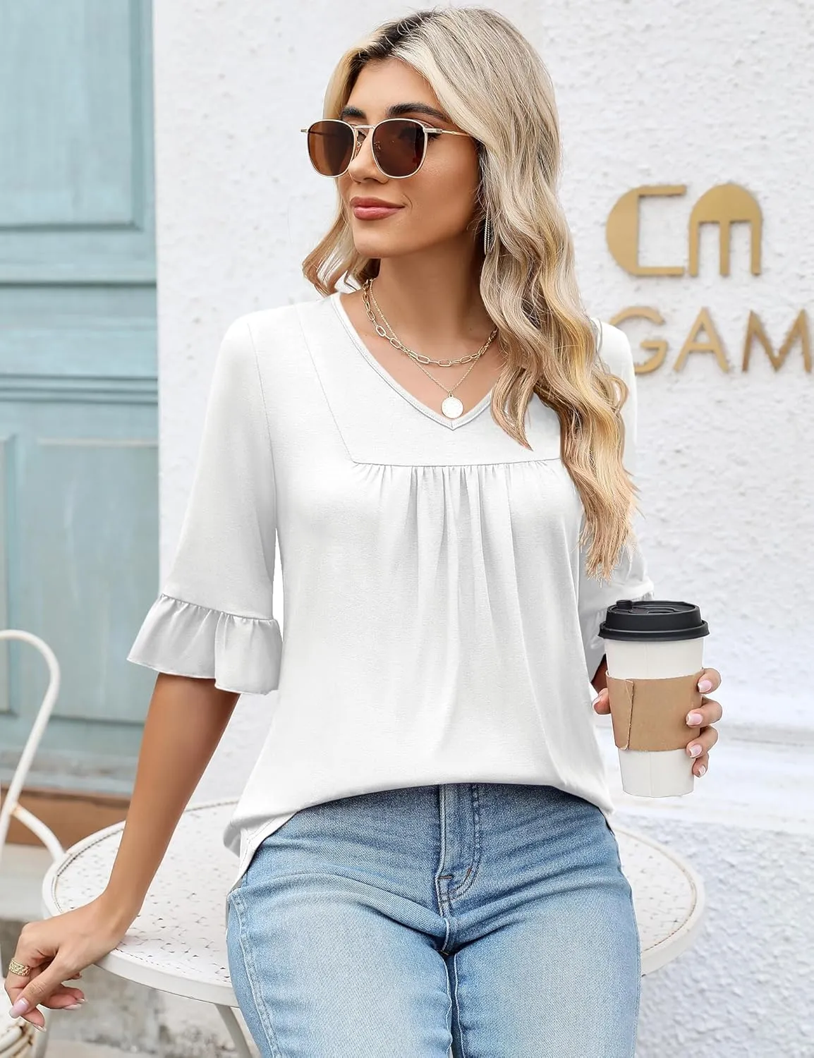 LOMON 3/4 Sleeve Tops for Women Summer Dressy Casual V Neck Shirts Ruffle Sleeve Loose Blouses