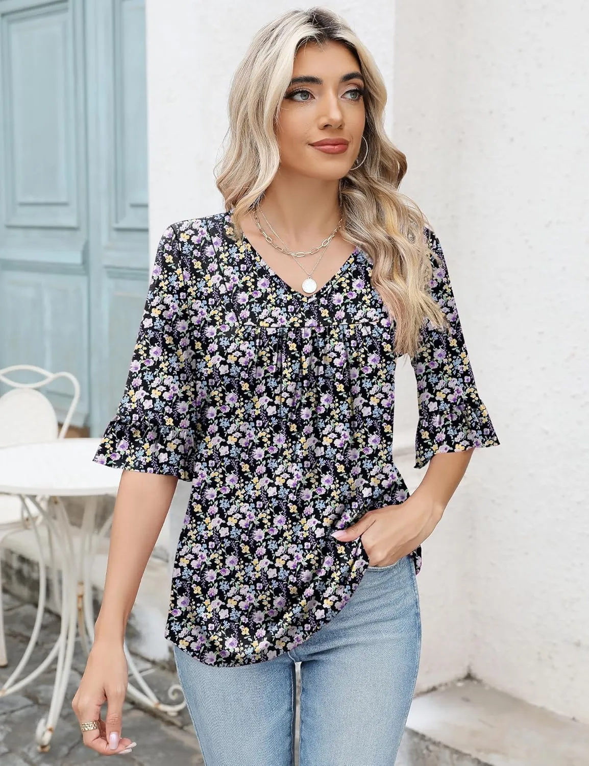 LOMON 3/4 Sleeve Tops for Women Summer Dressy Casual V Neck Shirts Ruffle Sleeve Loose Blouses