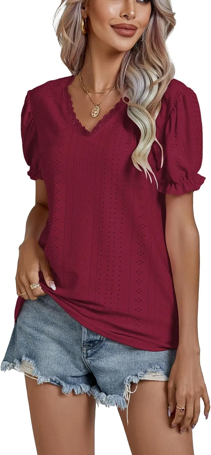LYANER Women's Casual Puff Short Sleeve Lace Trim Eyelet V Neck Shirt Blouse Tunic Top