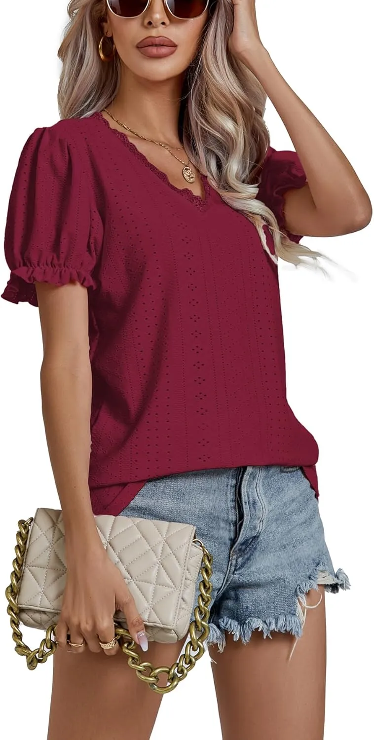 LYANER Women's Casual Puff Short Sleeve Lace Trim Eyelet V Neck Shirt Blouse Tunic Top