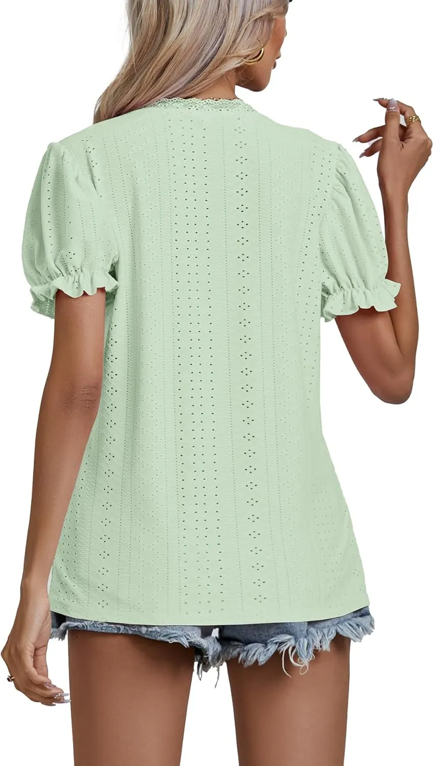 LYANER Women's Casual Puff Short Sleeve Lace Trim Eyelet V Neck Shirt Blouse Tunic Top