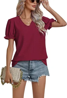 LYANER Women's Casual Puff Short Sleeve Lace Trim Eyelet V Neck Shirt Blouse Tunic Top