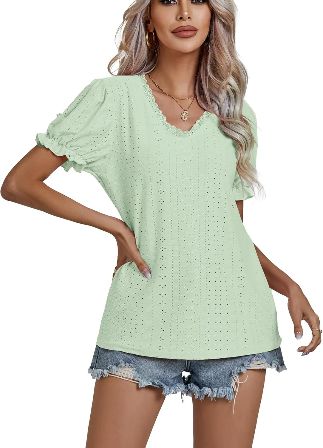 LYANER Women's Casual Puff Short Sleeve Lace Trim Eyelet V Neck Shirt Blouse Tunic Top