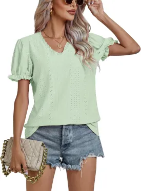 LYANER Women's Casual Puff Short Sleeve Lace Trim Eyelet V Neck Shirt Blouse Tunic Top